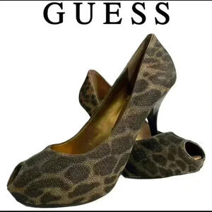 Guess Leopard Print Peep Toe Metallic Heel Size 8.5